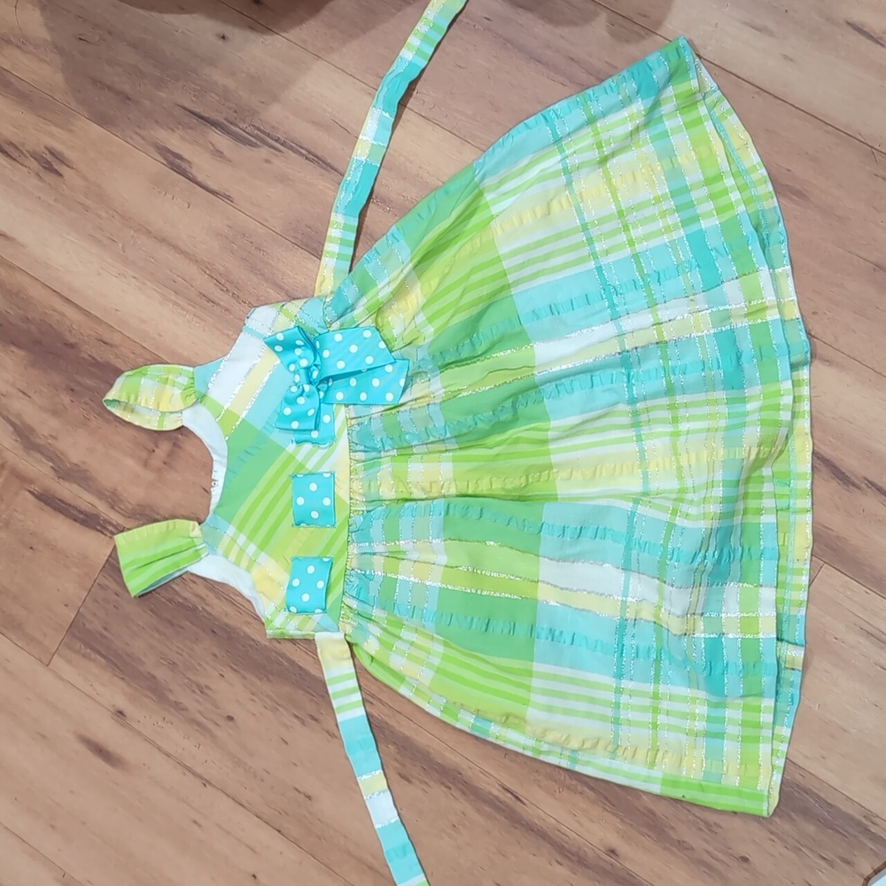 Bonnie Jean blue, green, yellow and silver bow easter Sunday dress 5/5T